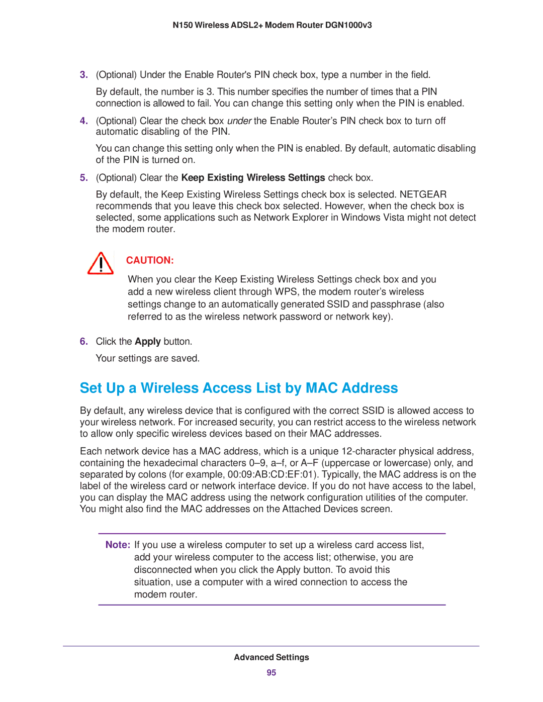 NETGEAR DGN1000v3 user manual Set Up a Wireless Access List by MAC Address 