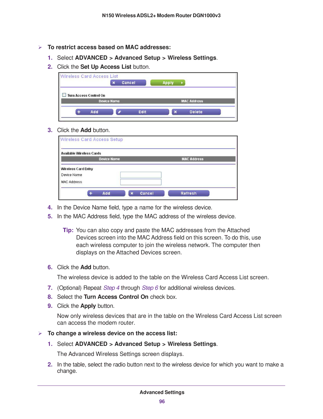 NETGEAR DGN1000v3 user manual Select the Turn Access Control On check box,  To change a wireless device on the access list 