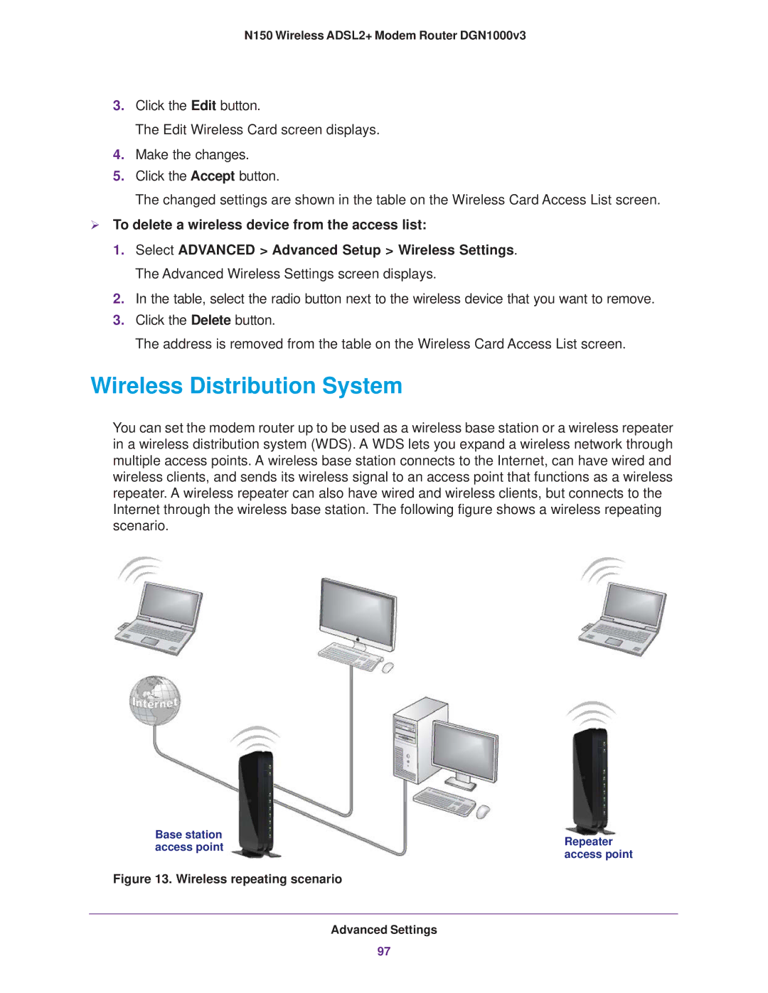 NETGEAR DGN1000v3 user manual Wireless Distribution System,  To delete a wireless device from the access list 