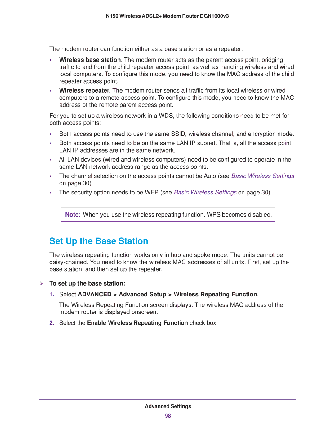 NETGEAR DGN1000v3 user manual Set Up the Base Station, Select the Enable Wireless Repeating Function check box 