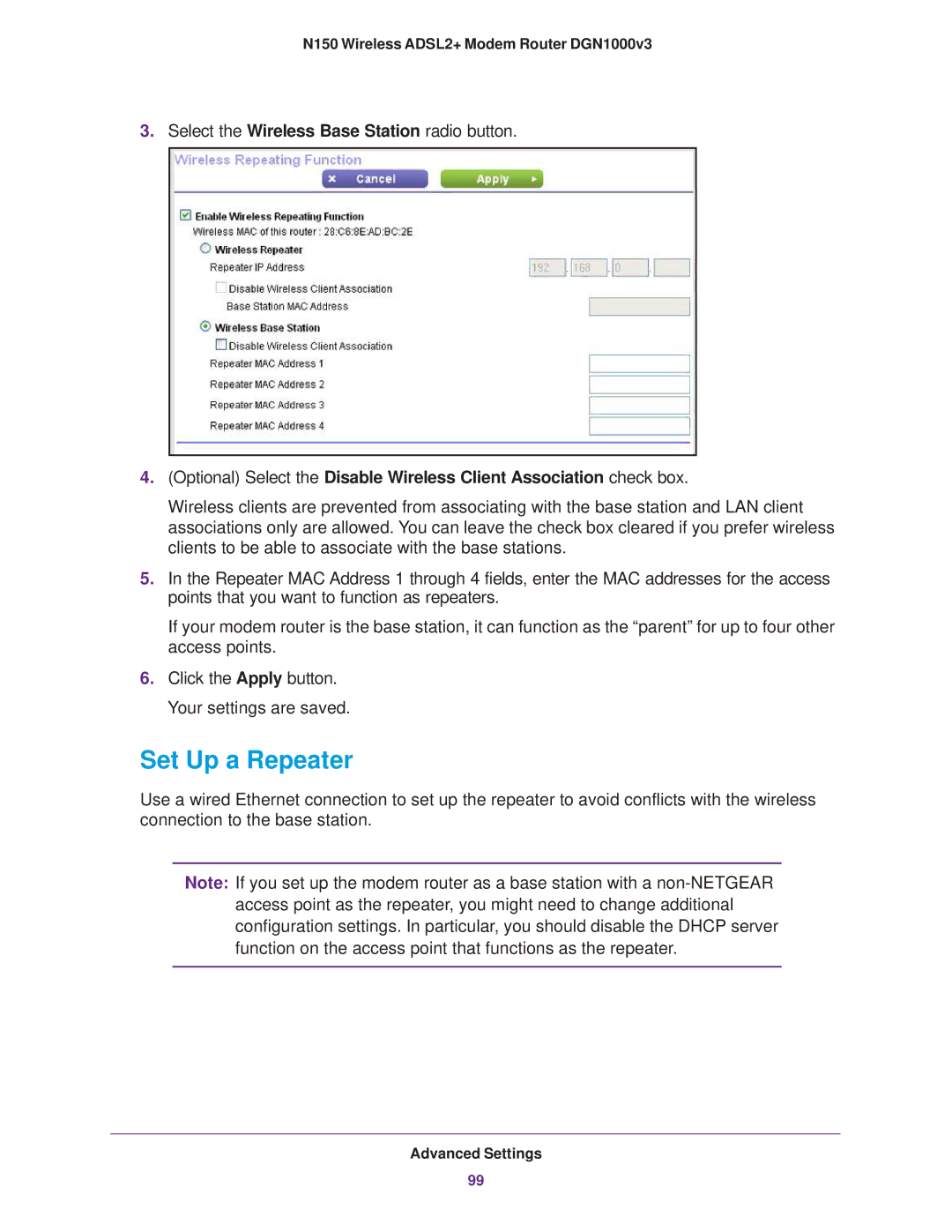 NETGEAR DGN1000v3 user manual Set Up a Repeater 