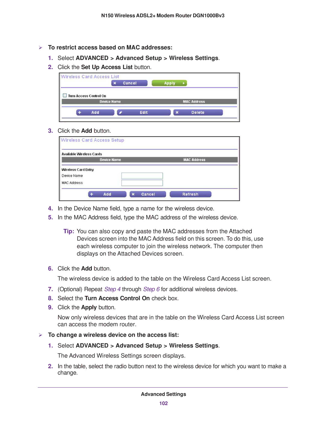 NETGEAR DGN100Bv3 user manual Select the Turn Access Control On check box,  To change a wireless device on the access list 