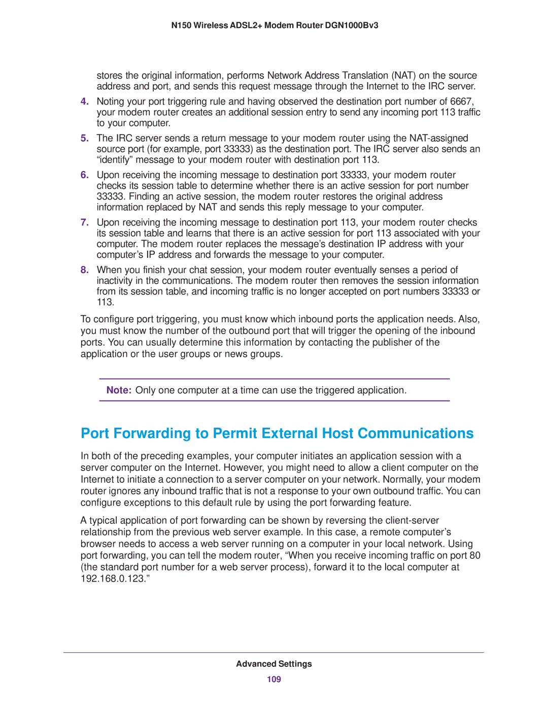 NETGEAR DGN100Bv3 user manual Port Forwarding to Permit External Host Communications 