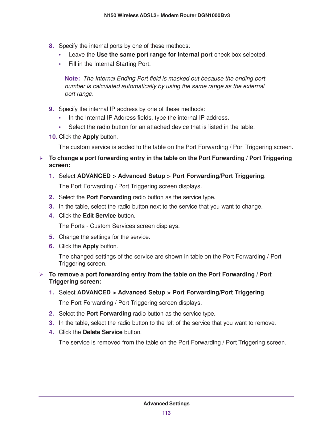 NETGEAR DGN100Bv3 user manual Specify the internal ports by one of these methods 