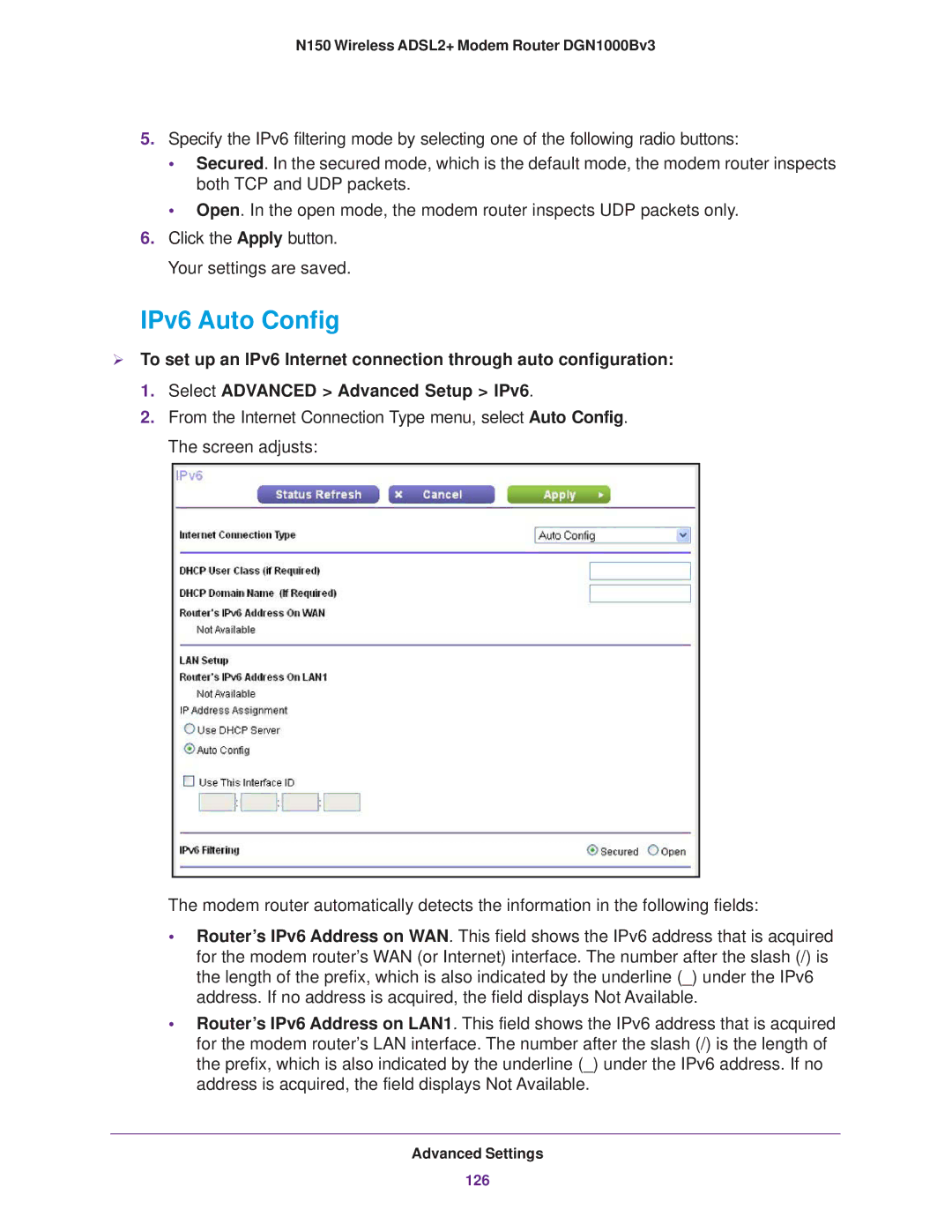 NETGEAR DGN100Bv3 user manual IPv6 Auto Config 