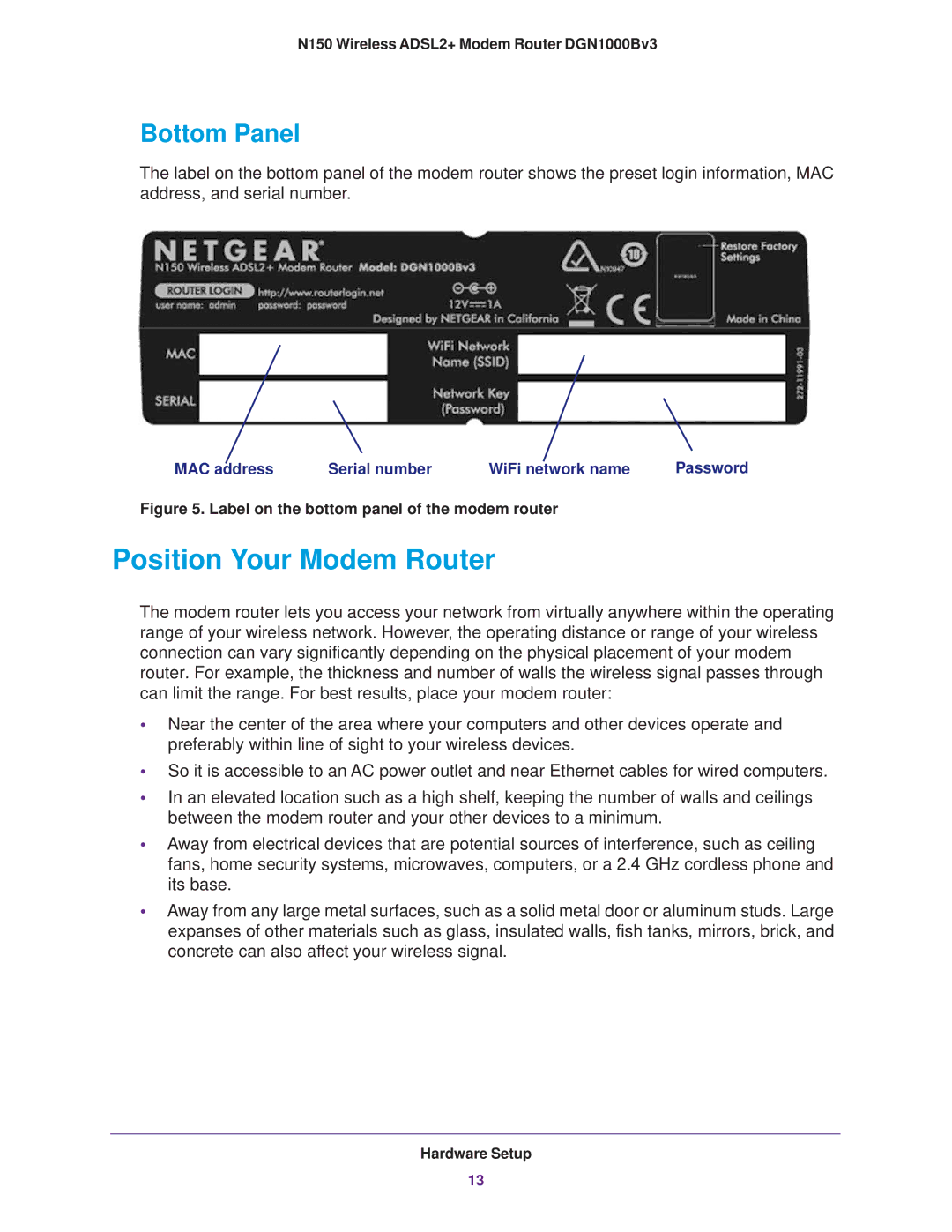 NETGEAR DGN100Bv3 user manual Position Your Modem Router, Bottom Panel 