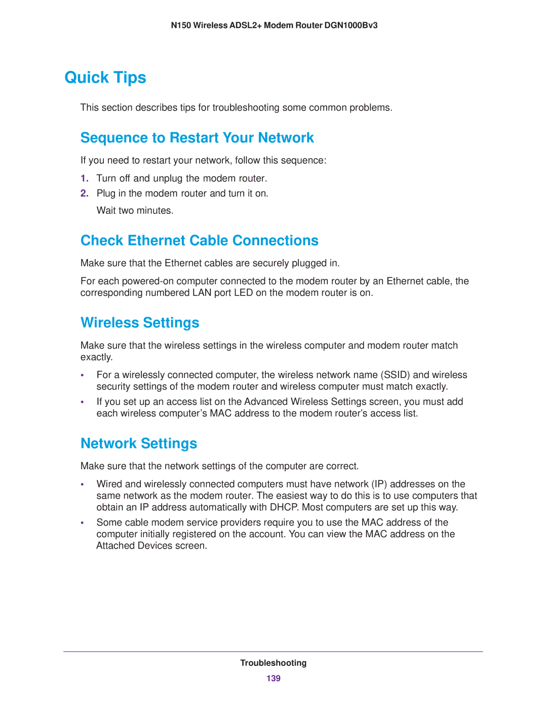 NETGEAR DGN100Bv3 Quick Tips, Sequence to Restart Your Network, Check Ethernet Cable Connections, Network Settings 