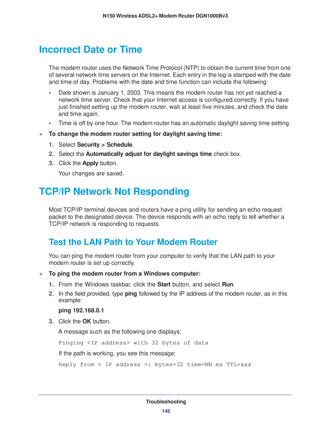 NETGEAR DGN100Bv3 Incorrect Date or Time, TCP/IP Network Not Responding, Test the LAN Path to Your Modem Router, Ping 