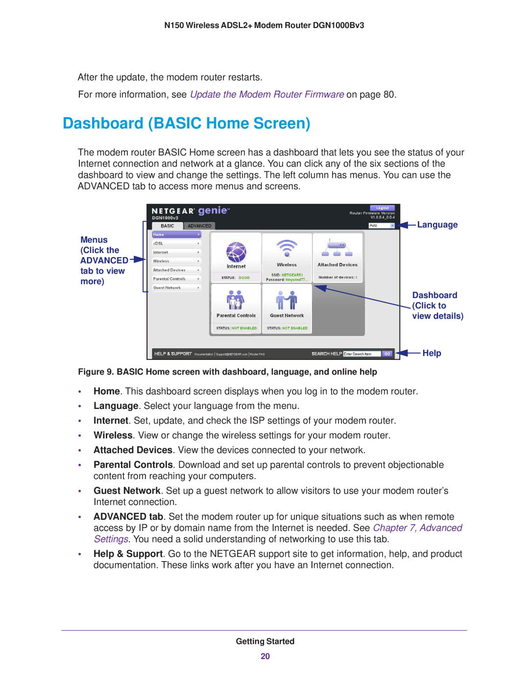 NETGEAR DGN100Bv3 user manual Dashboard Basic Home Screen, Basic Home screen with dashboard, language, and online help 