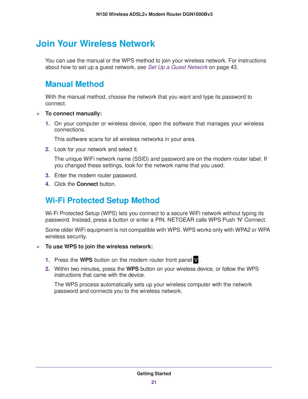 NETGEAR DGN100Bv3 Join Your Wireless Network, Manual Method, Wi-Fi Protected Setup Method,  To connect manually 