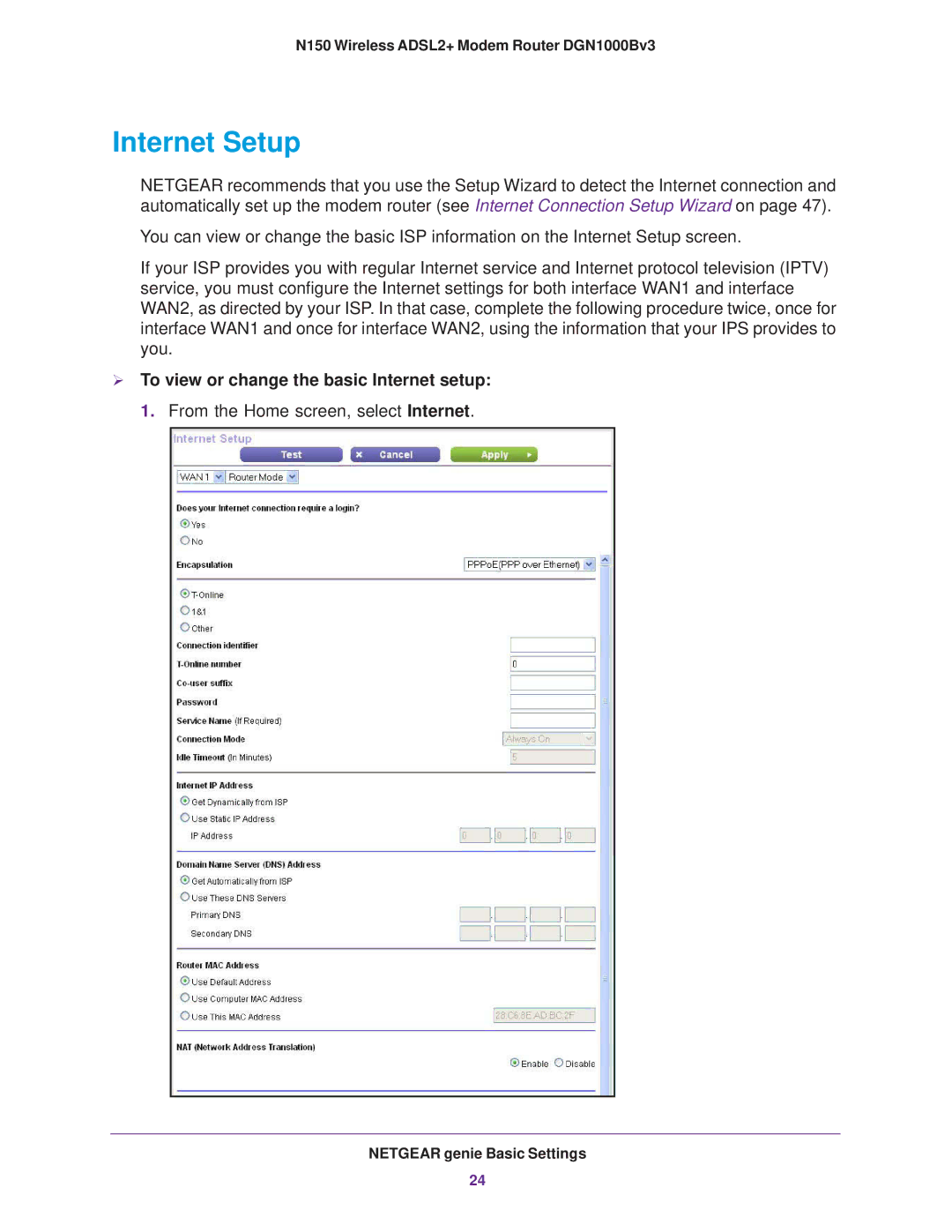 NETGEAR DGN100Bv3 user manual Internet Setup 