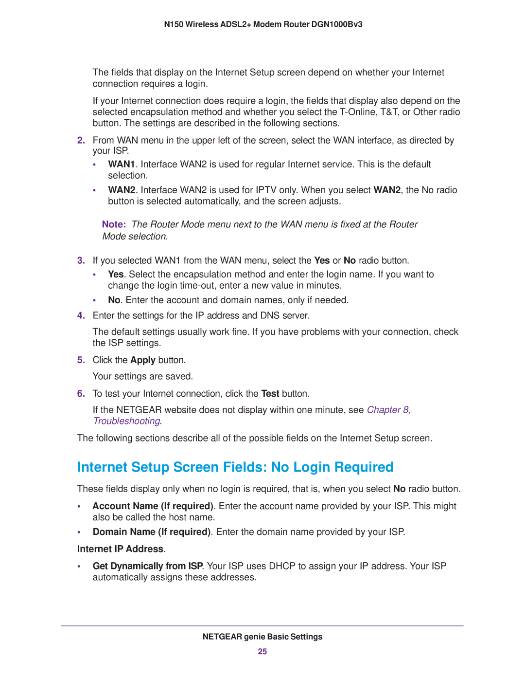 NETGEAR DGN100Bv3 user manual Internet Setup Screen Fields No Login Required, Internet IP Address 