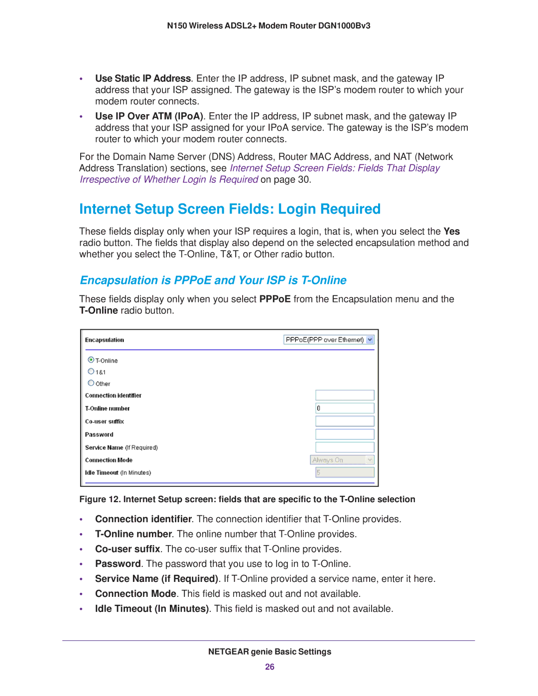 NETGEAR DGN100Bv3 user manual Internet Setup Screen Fields Login Required, Encapsulation is PPPoE and Your ISP is T-Online 