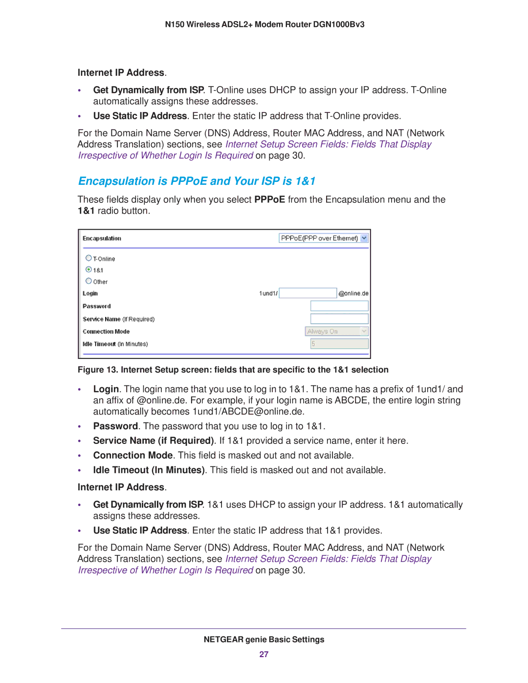 NETGEAR DGN100Bv3 user manual Encapsulation is PPPoE and Your ISP is 1&1 