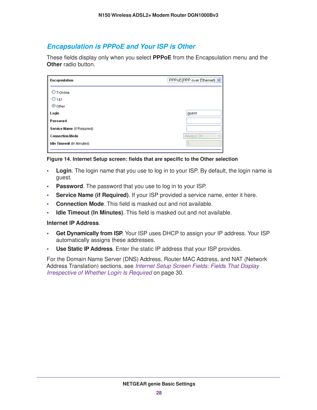 NETGEAR DGN100Bv3 user manual Encapsulation is PPPoE and Your ISP is Other 