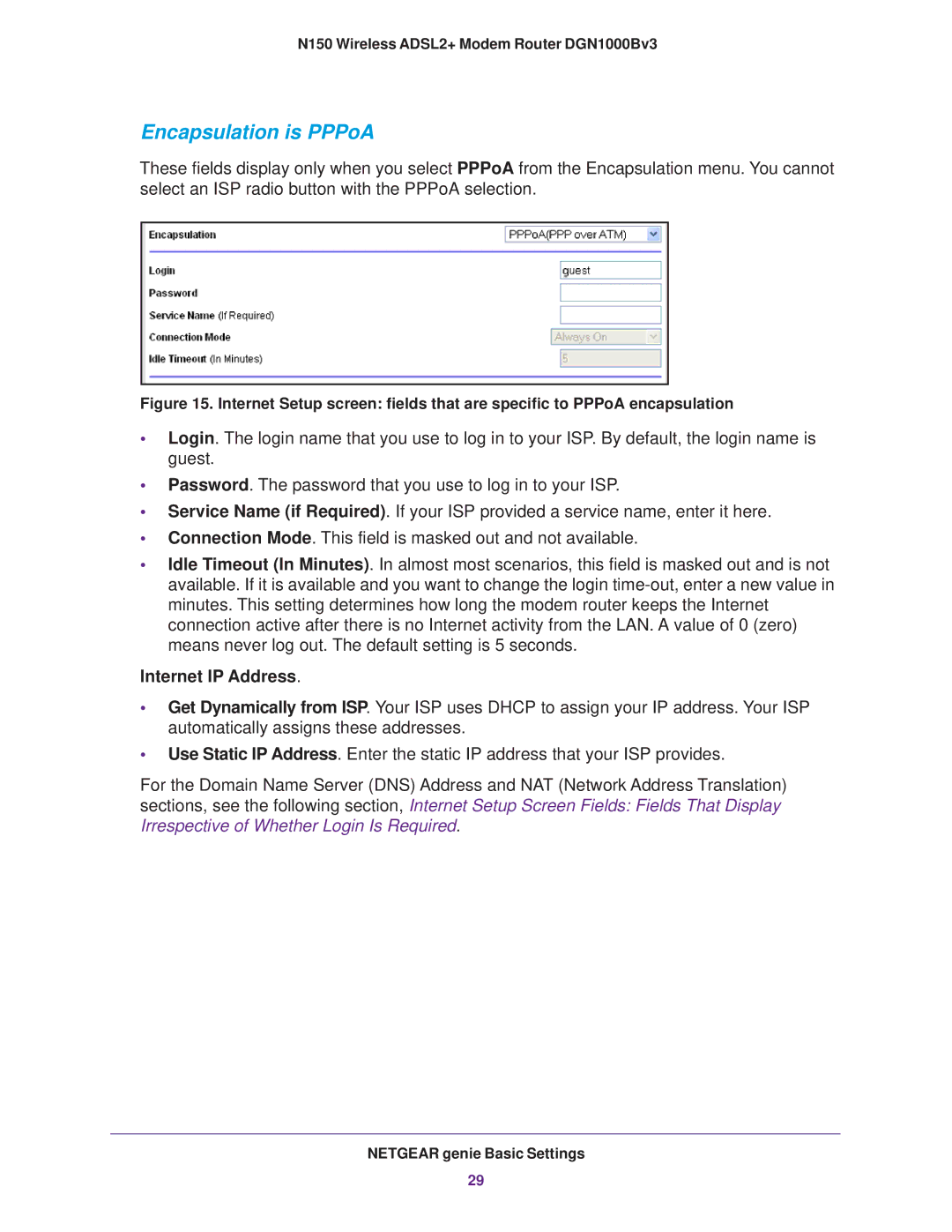 NETGEAR DGN100Bv3 user manual Encapsulation is PPPoA 