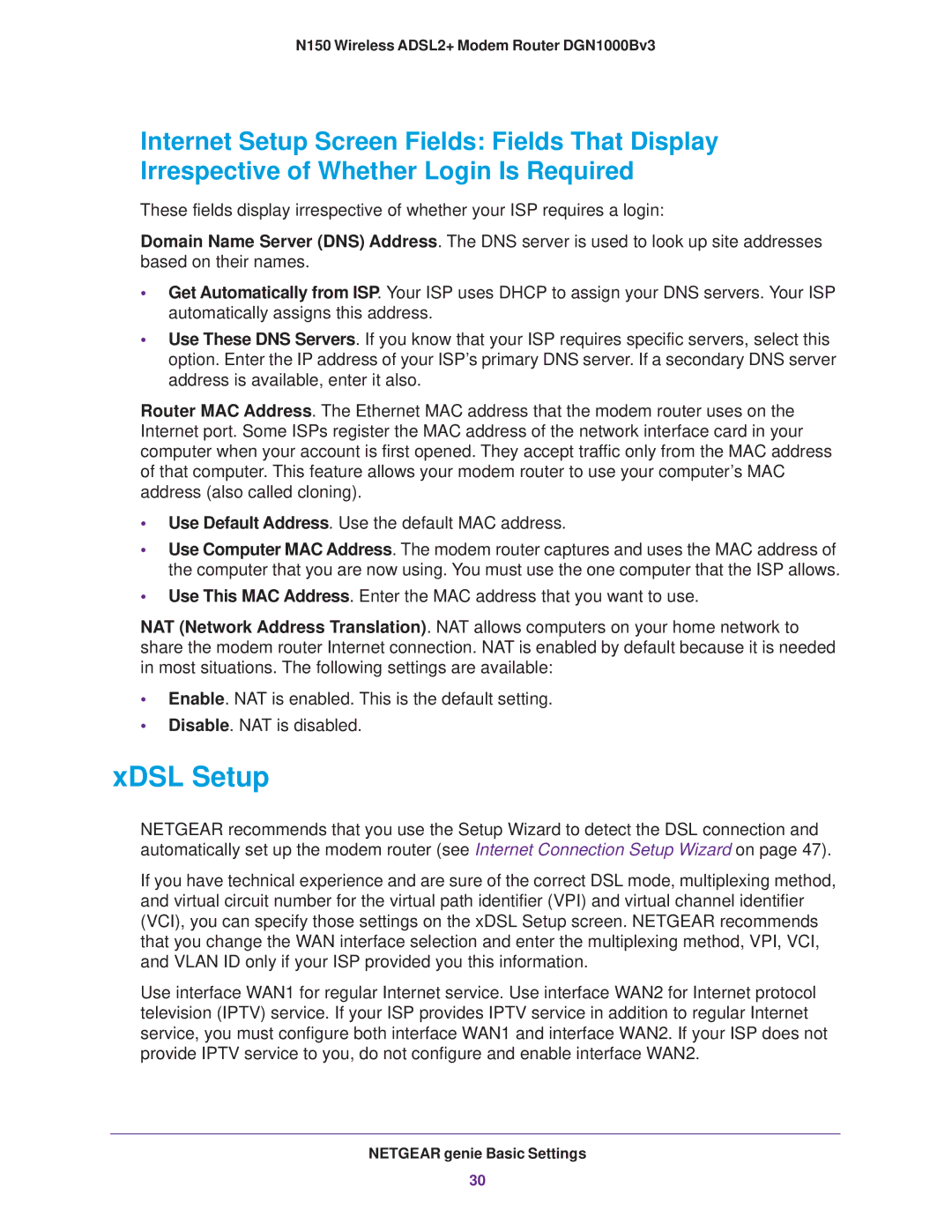 NETGEAR DGN100Bv3 user manual XDSL Setup 