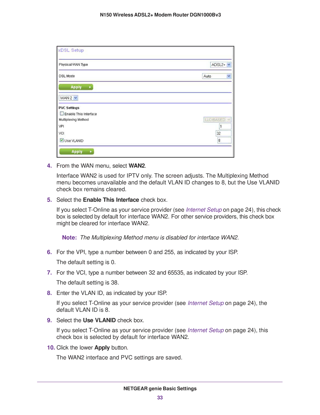 NETGEAR DGN100Bv3 user manual Select the Enable This Interface check box 