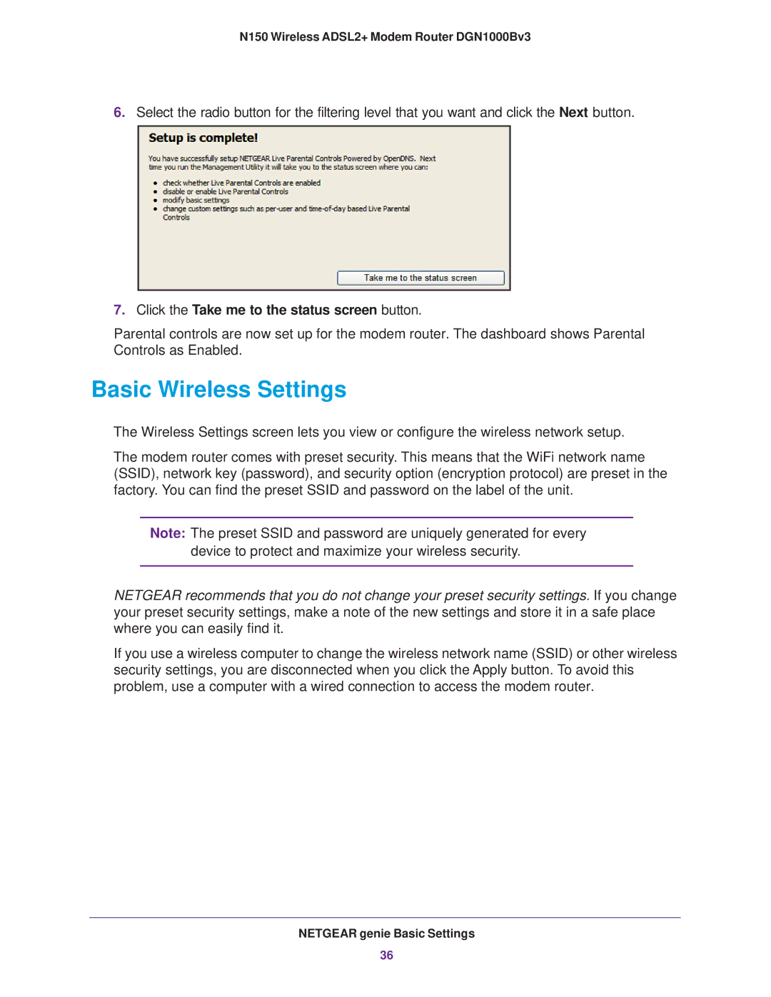 NETGEAR DGN100Bv3 user manual Basic Wireless Settings, Click the Take me to the status screen button 