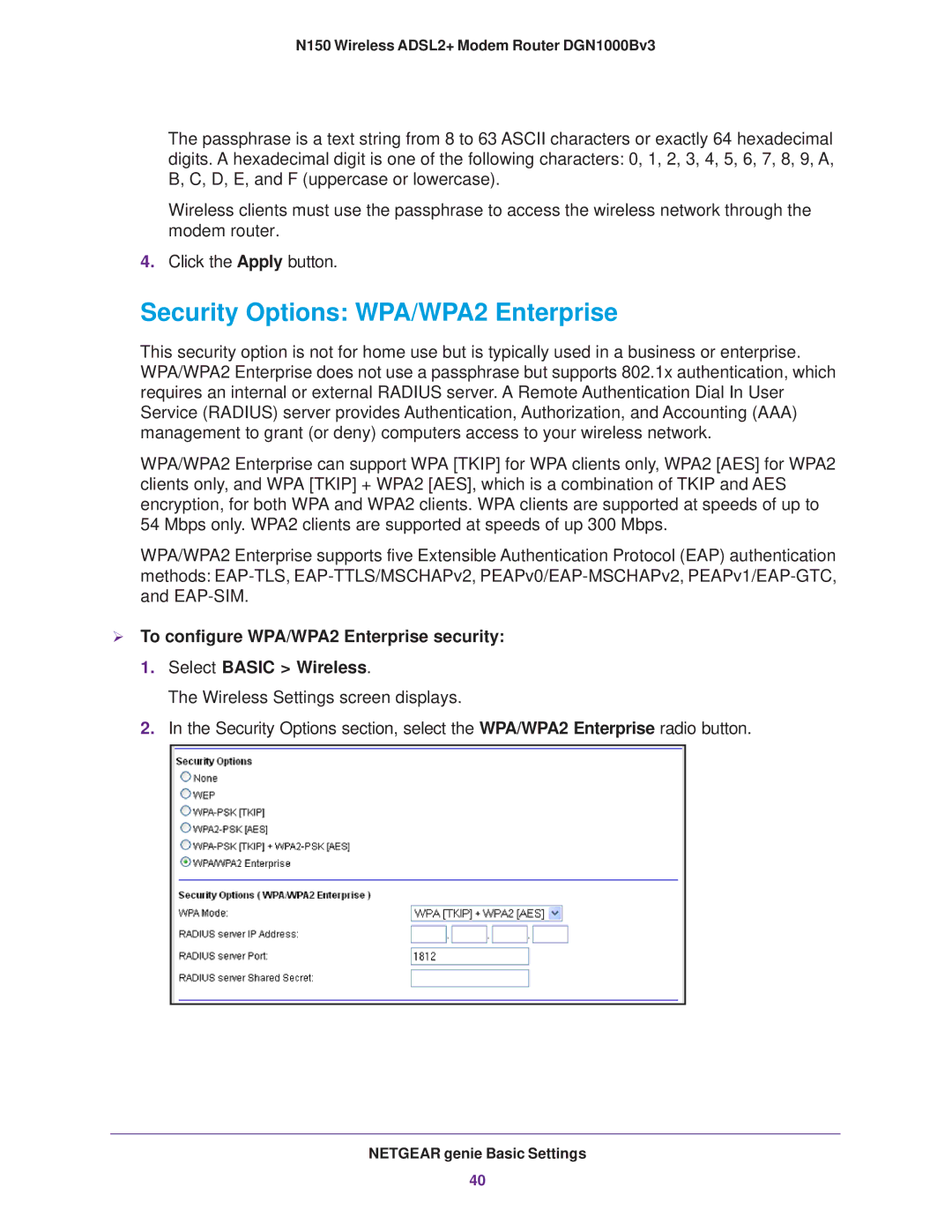 NETGEAR DGN100Bv3 user manual Security Options WPA/WPA2 Enterprise 