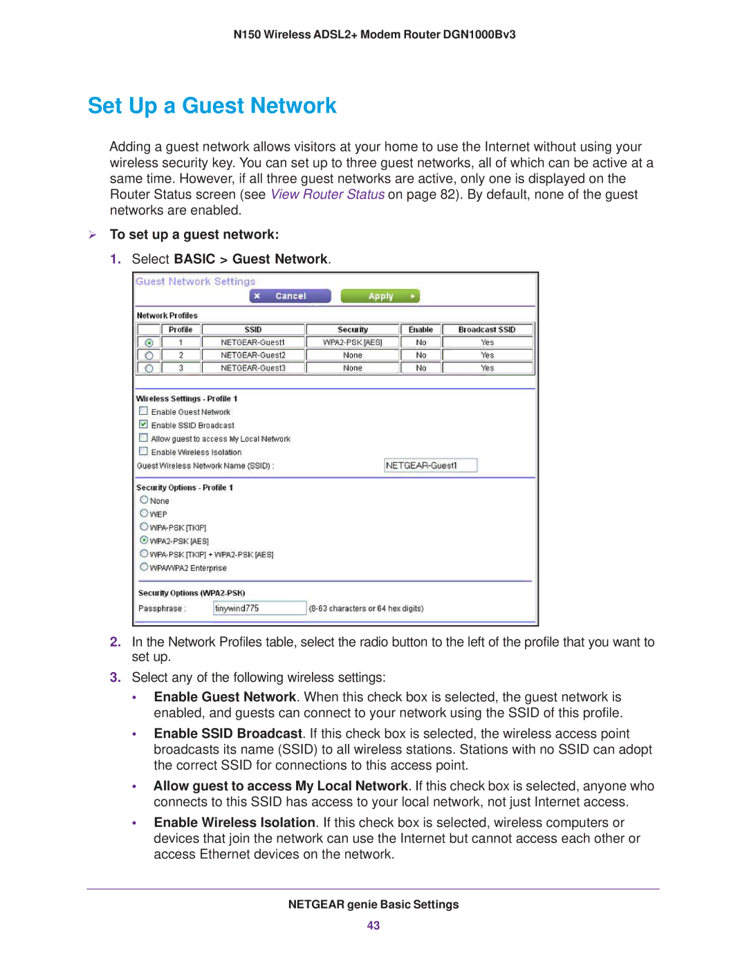 NETGEAR DGN100Bv3 user manual Set Up a Guest Network,  To set up a guest network Select Basic Guest Network 