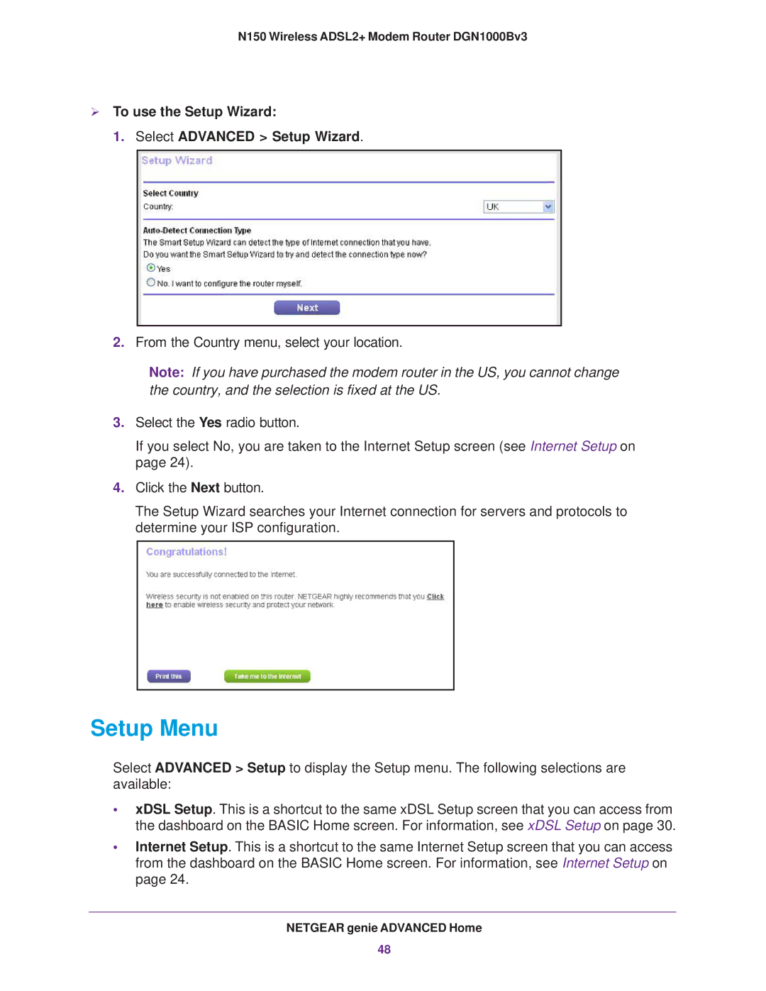 NETGEAR DGN100Bv3 user manual Setup Menu,  To use the Setup Wizard Select Advanced Setup Wizard 