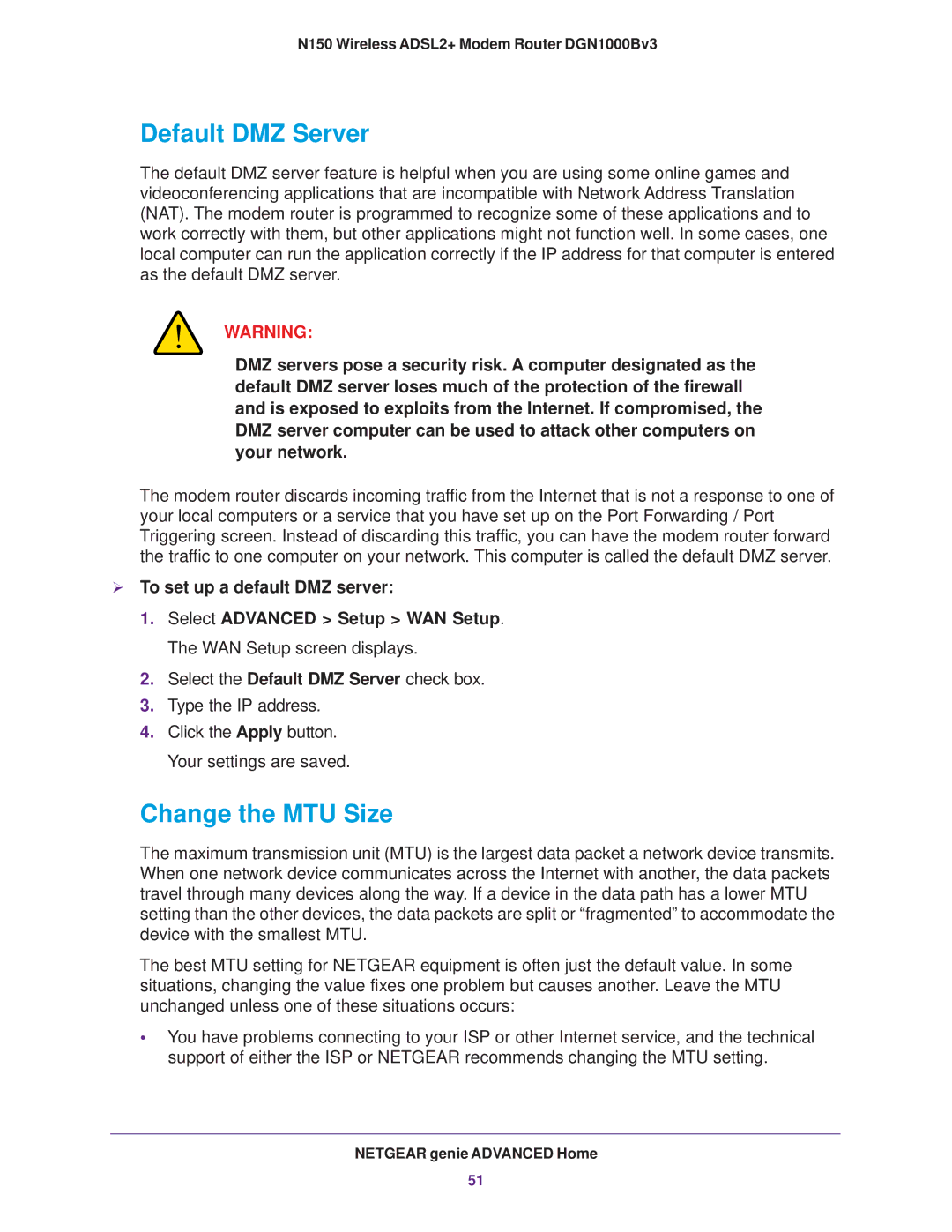 NETGEAR DGN100Bv3 user manual Default DMZ Server, Change the MTU Size,  To set up a default DMZ server 