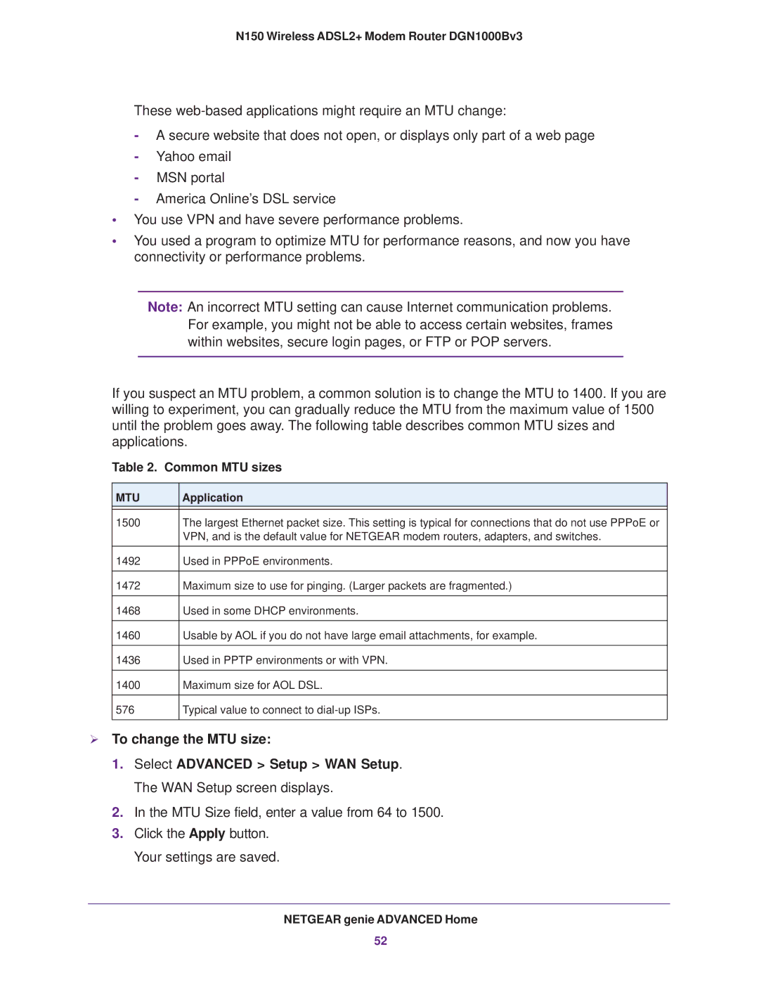 NETGEAR DGN100Bv3 user manual  To change the MTU size, Common MTU sizes 