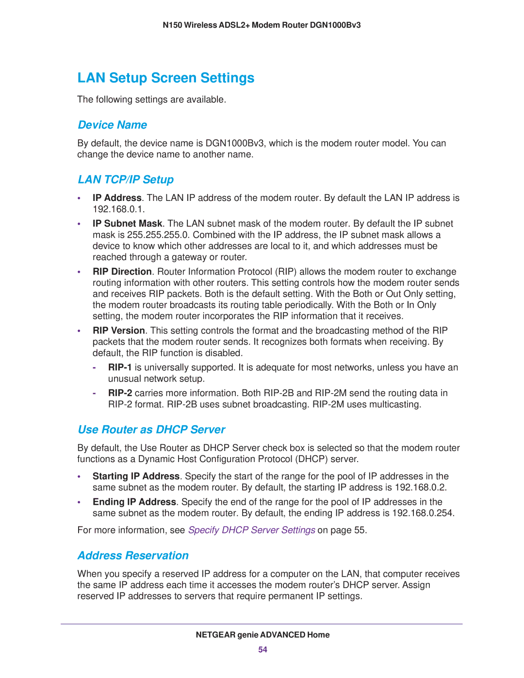 NETGEAR DGN100Bv3 LAN Setup Screen Settings, Device Name, LAN TCP/IP Setup, Use Router as Dhcp Server, Address Reservation 