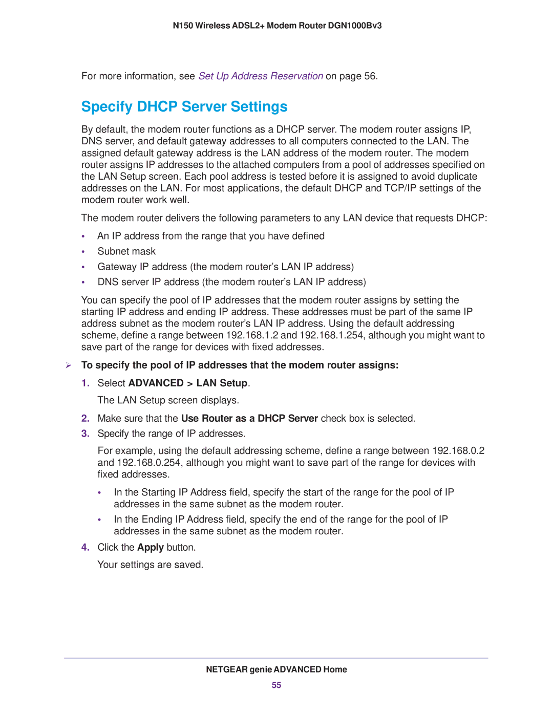 NETGEAR DGN100Bv3 user manual Specify Dhcp Server Settings 