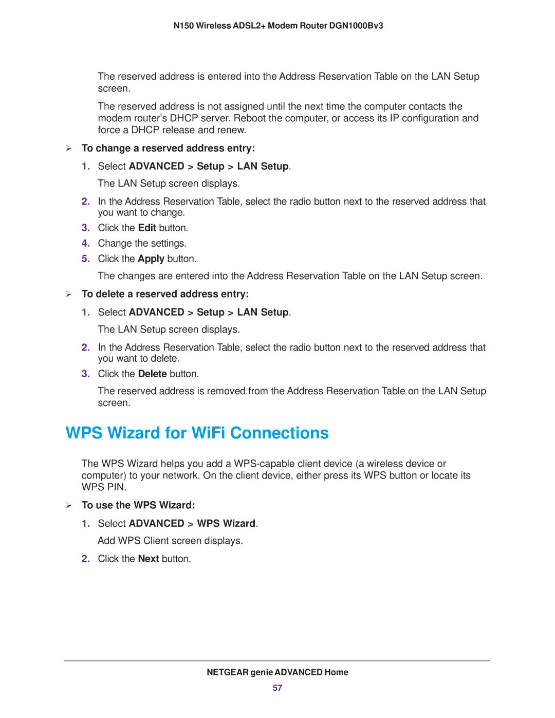 NETGEAR DGN100Bv3 WPS Wizard for WiFi Connections,  To change a reserved address entry,  To use the WPS Wizard 