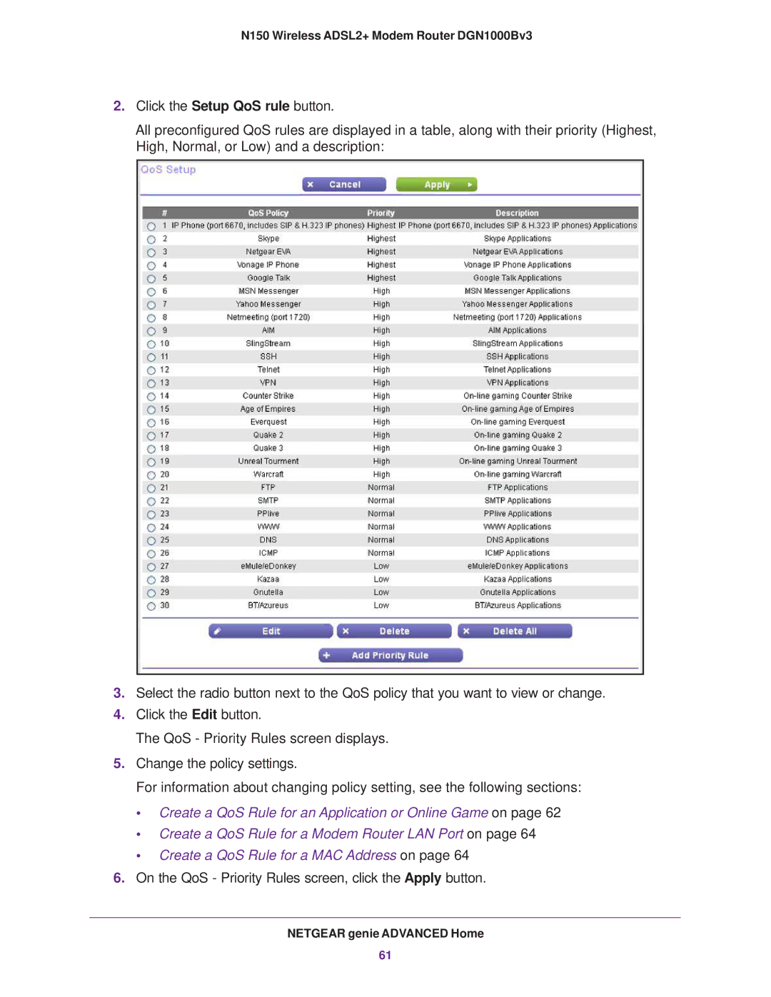 NETGEAR DGN100Bv3 user manual On the QoS Priority Rules screen, click the Apply button 