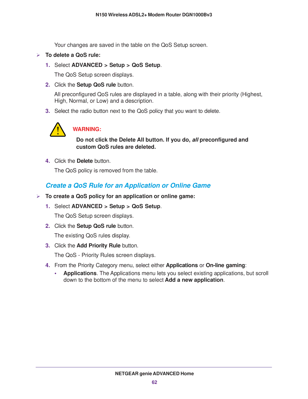 NETGEAR DGN100Bv3 user manual Create a QoS Rule for an Application or Online Game,  To delete a QoS rule 