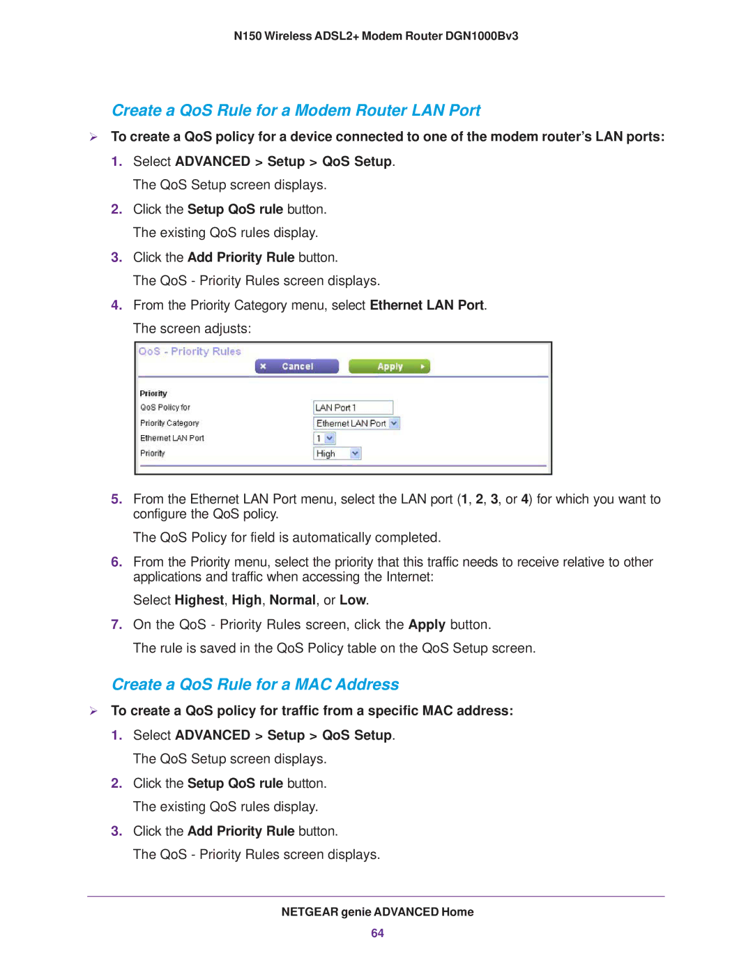 NETGEAR DGN100Bv3 user manual Create a QoS Rule for a Modem Router LAN Port, Create a QoS Rule for a MAC Address 