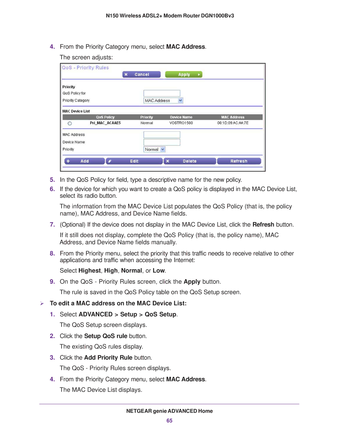 NETGEAR DGN100Bv3 user manual  To edit a MAC address on the MAC Device List 