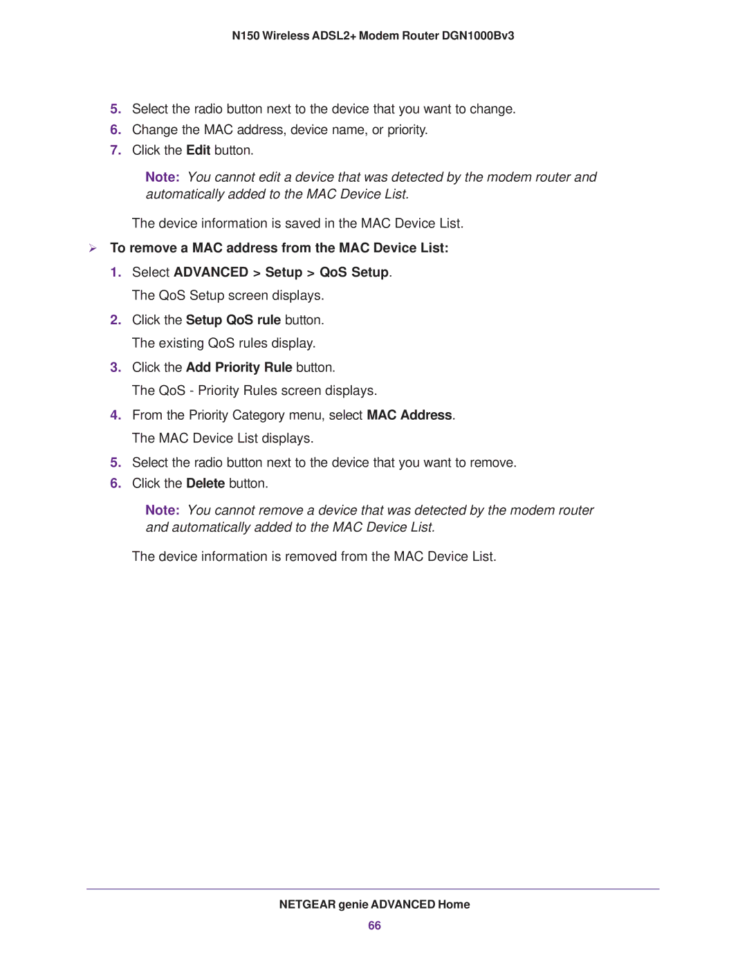 NETGEAR DGN100Bv3 user manual  To remove a MAC address from the MAC Device List 