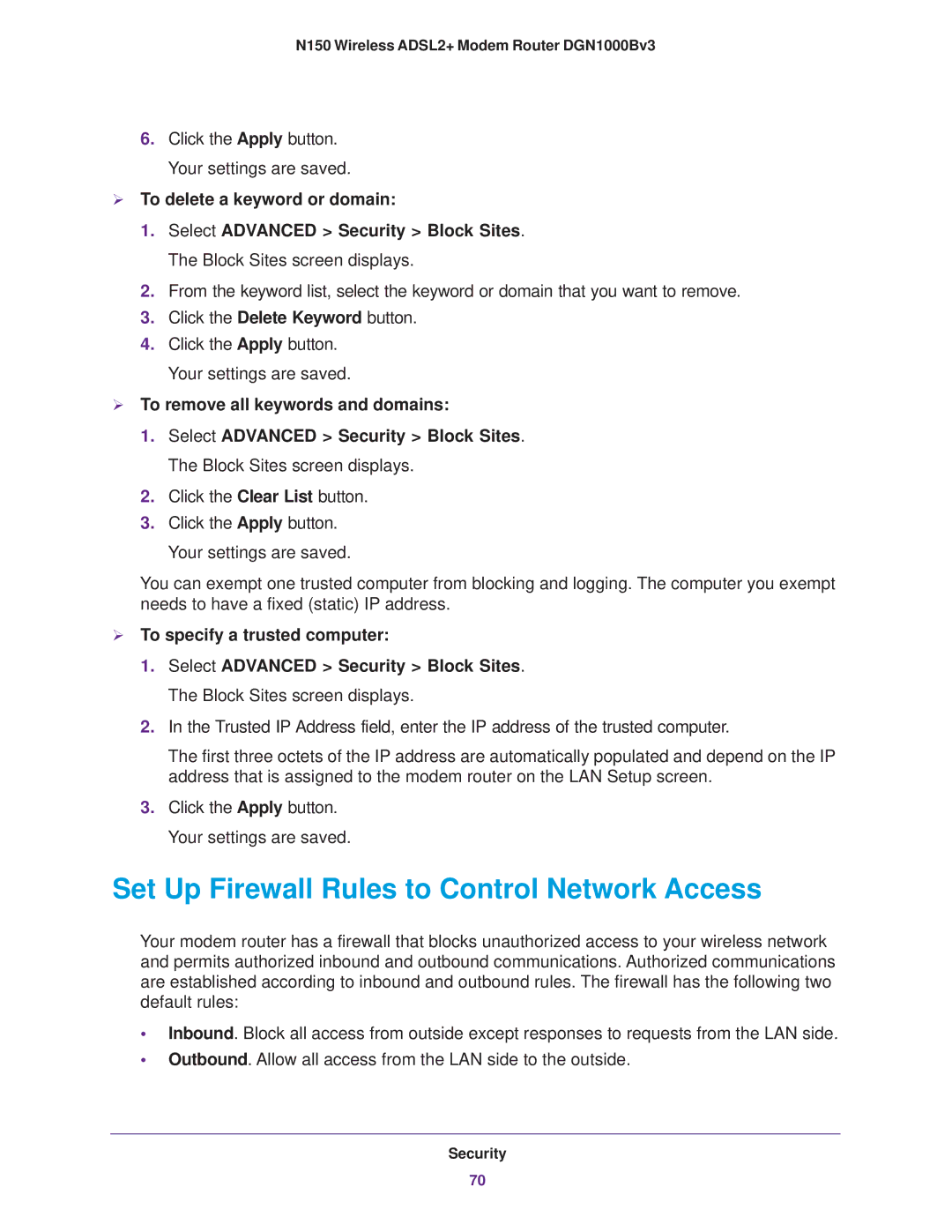 NETGEAR DGN100Bv3 user manual Set Up Firewall Rules to Control Network Access,  To delete a keyword or domain 