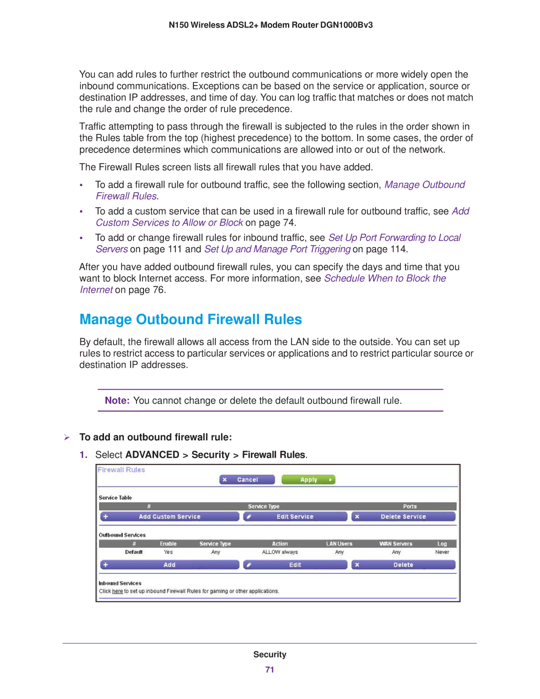 NETGEAR DGN100Bv3 user manual Manage Outbound Firewall Rules 