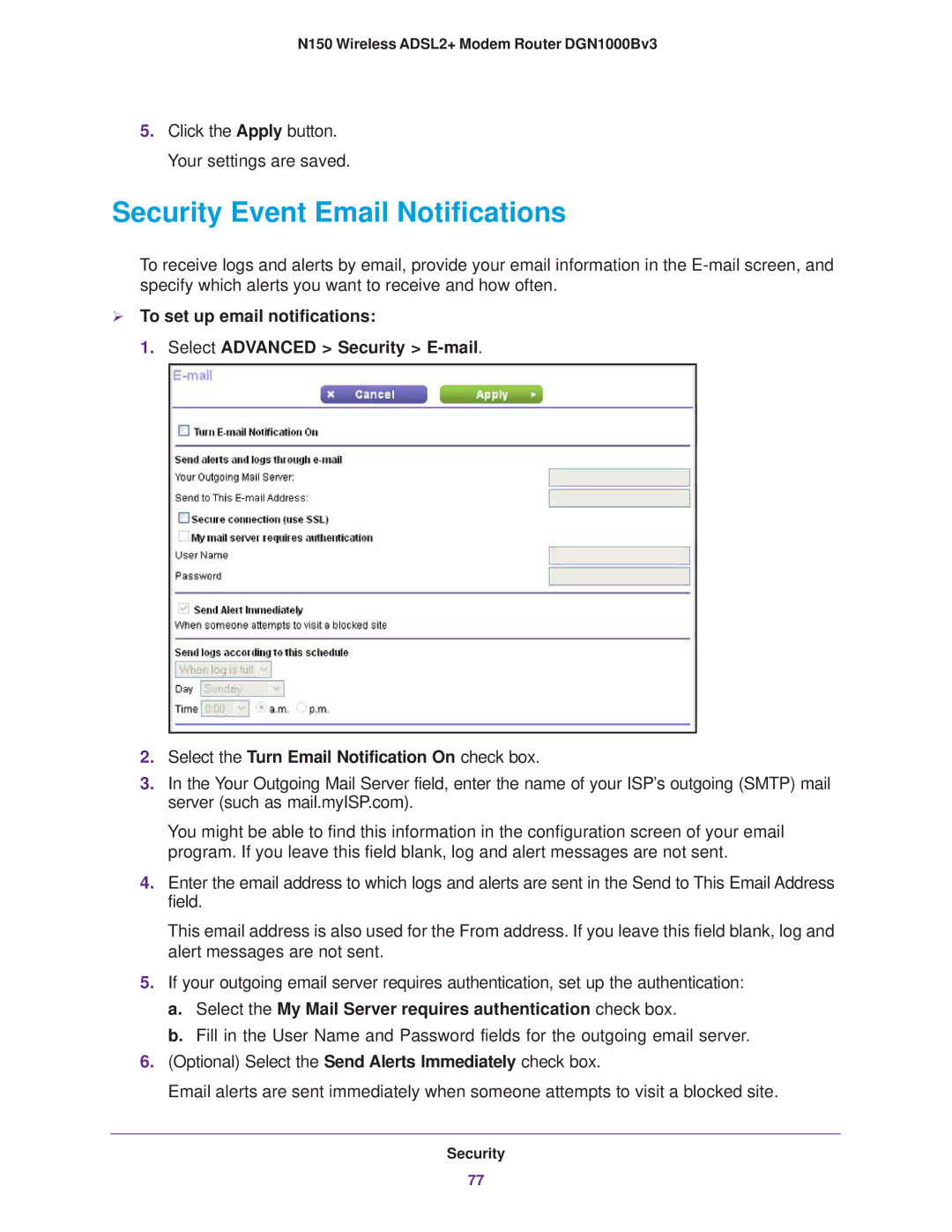 NETGEAR DGN100Bv3 Security Event Email Notifications, Select the My Mail Server requires authentication check box 