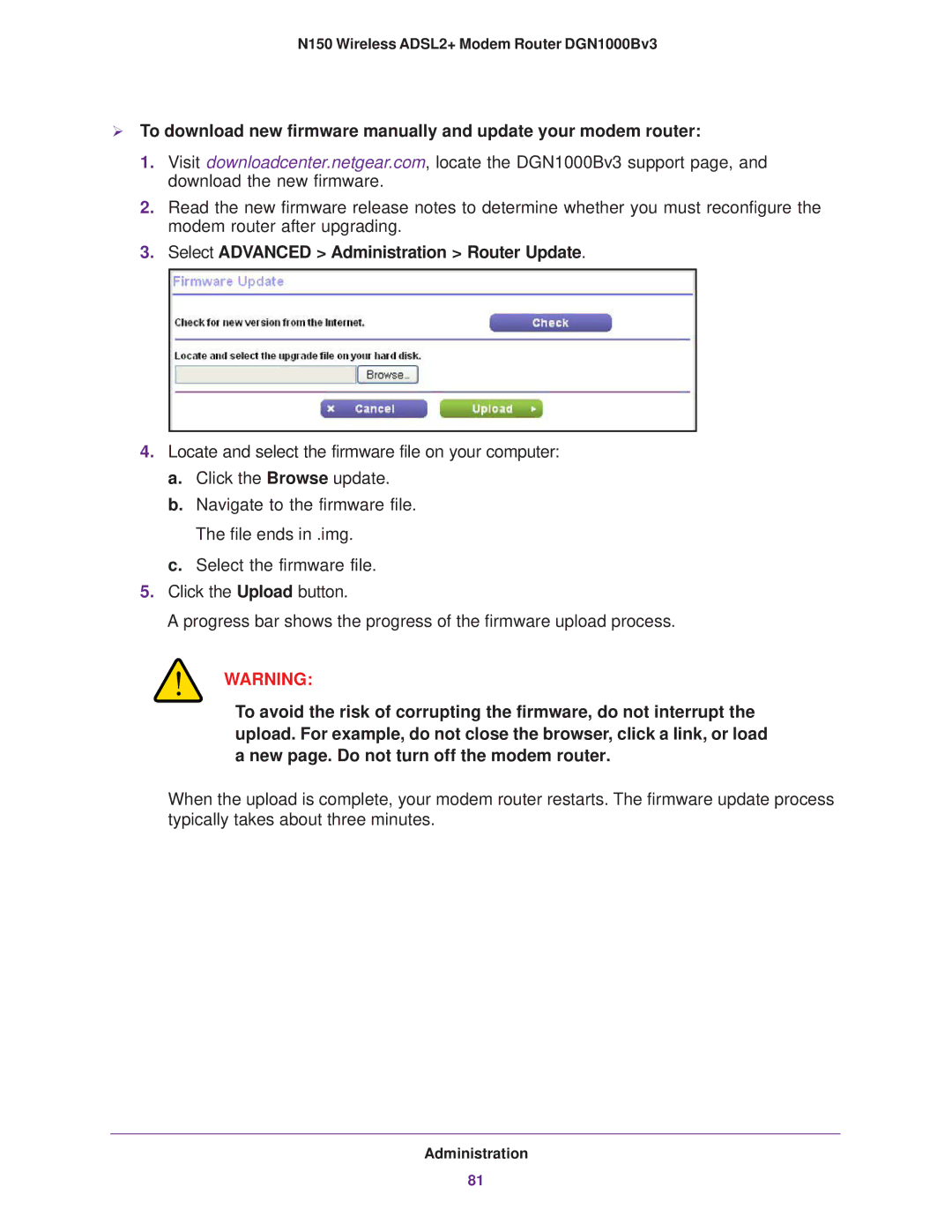 NETGEAR DGN100Bv3 user manual Select Advanced Administration Router Update 