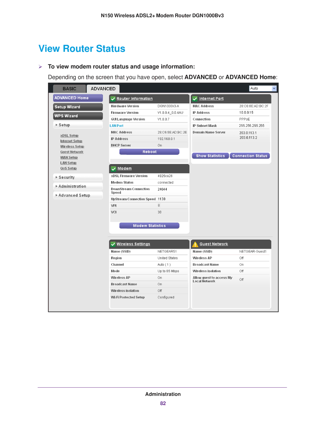 NETGEAR DGN100Bv3 user manual View Router Status,  To view modem router status and usage information 