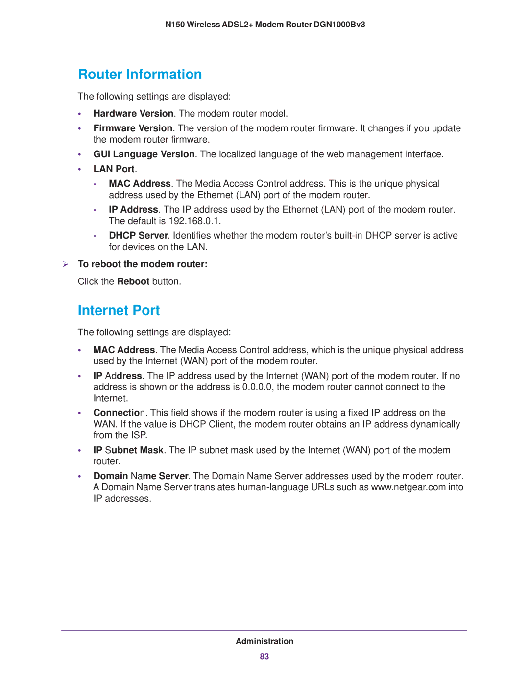 NETGEAR DGN100Bv3 user manual Router Information, Internet Port, LAN Port 