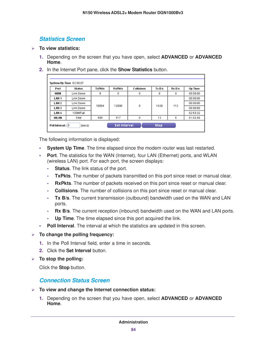 NETGEAR DGN100Bv3 Statistics Screen, Connection Status Screen,  To view statistics,  To change the polling frequency 