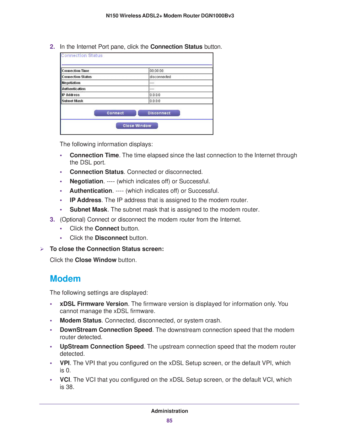 NETGEAR DGN100Bv3 user manual Modem 