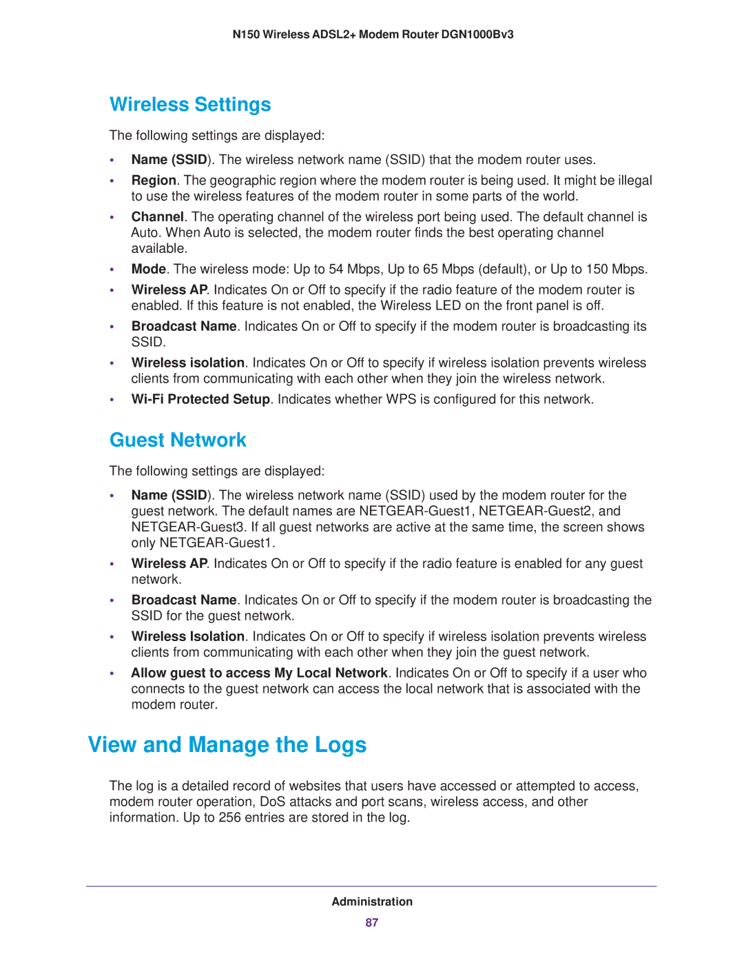 NETGEAR DGN100Bv3 user manual View and Manage the Logs, Wireless Settings, Guest Network 