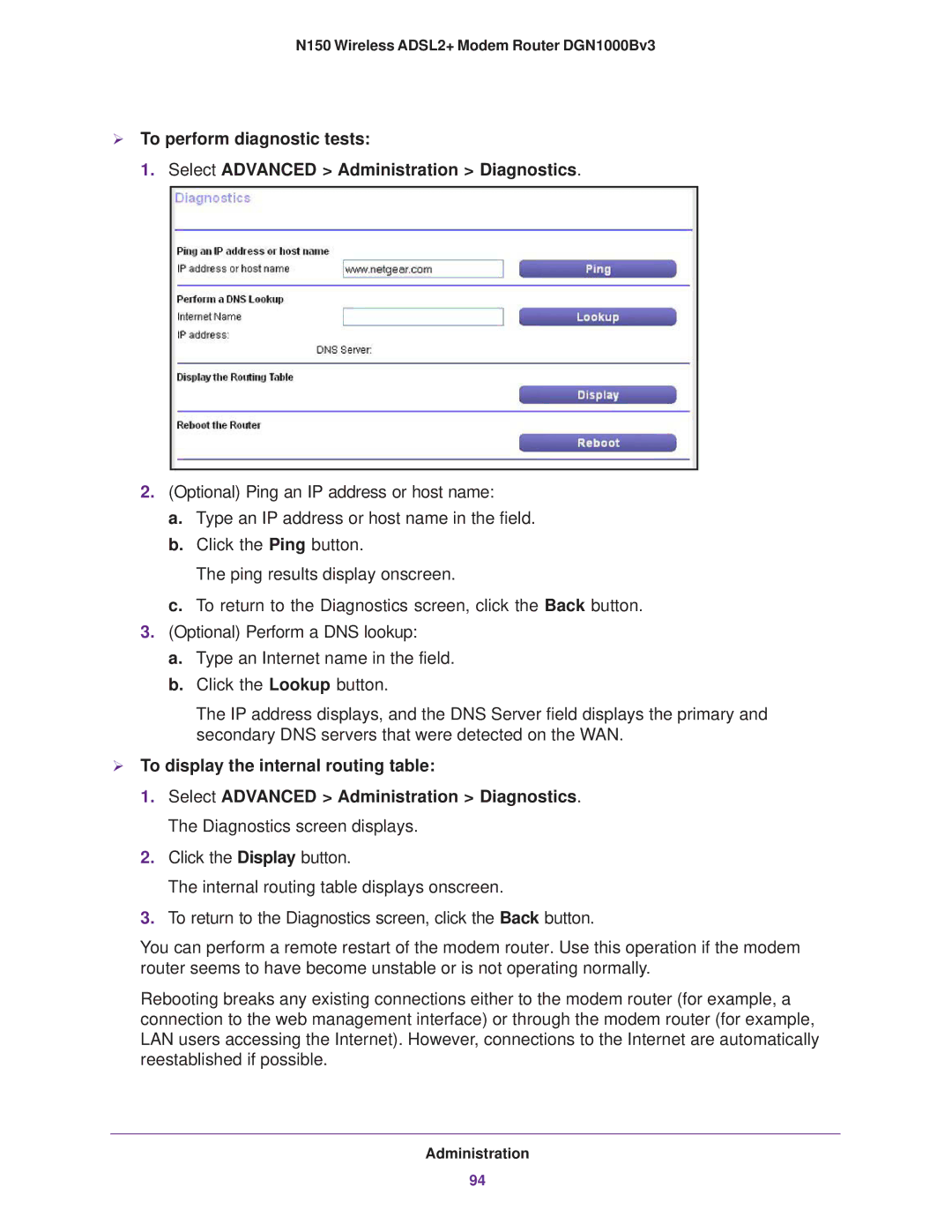 NETGEAR DGN100Bv3 user manual  To display the internal routing table 