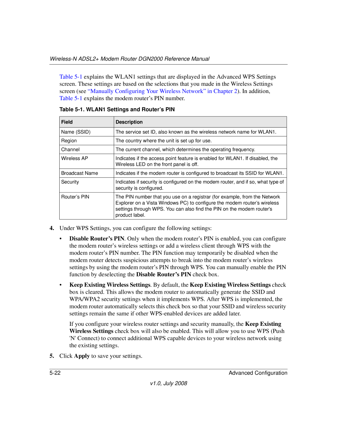 NETGEAR DGN2000 manual WLAN1 Settings and Router’s PIN 