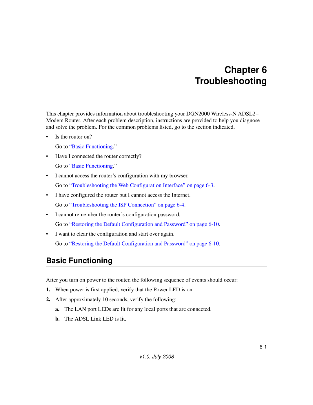 NETGEAR DGN2000 manual Chapter Troubleshooting, Basic Functioning 