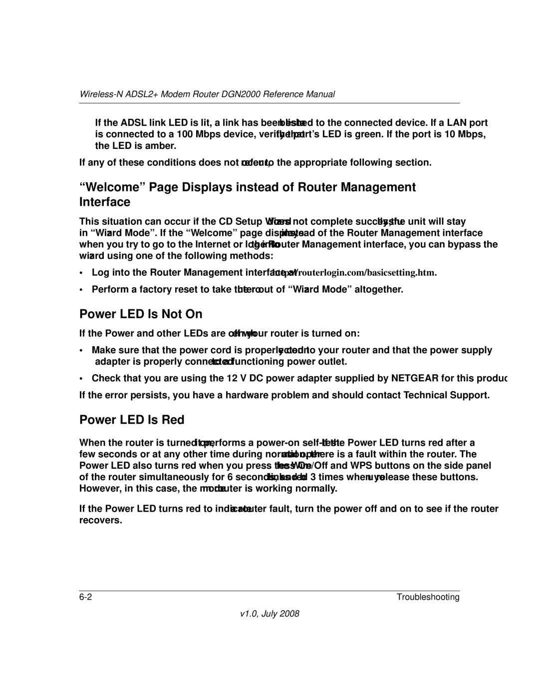 NETGEAR DGN2000 manual Power LED Is Not On, Power LED Is Red 