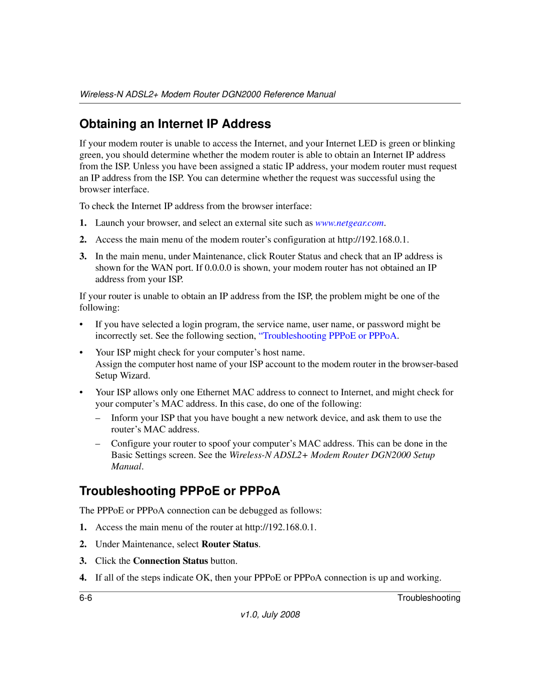 NETGEAR DGN2000 manual Obtaining an Internet IP Address, Troubleshooting PPPoE or PPPoA 